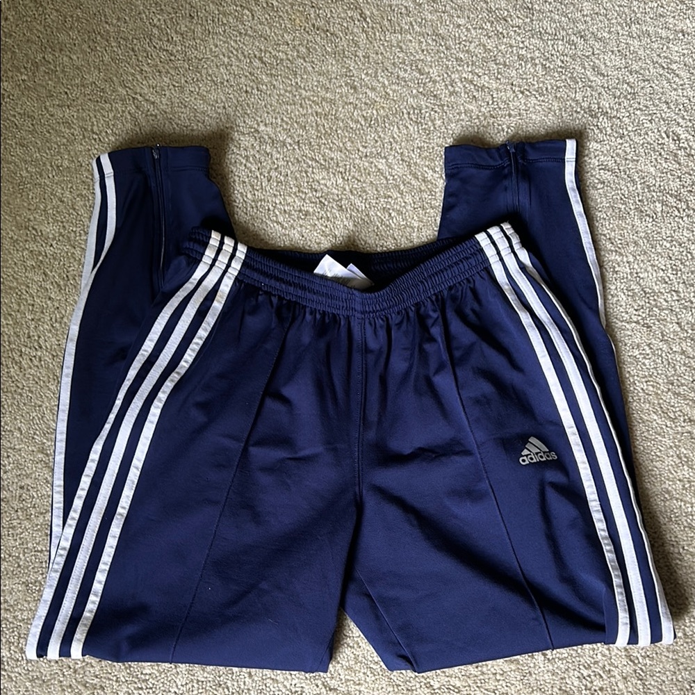 Adidas Men's Navy Joggers with White Stripes Size M